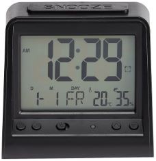 18 X BASICS TABLETOP TRIANGULAR DIGITAL ALARM CLOCK WITH LIGHT, TEMPERATURE & DATE DISPLAY, BLACK, 6.1 CM X 9.7 CM X 9.1 CM.