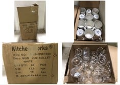 PRESTIGE KITCHEN WORKS 3 X 12-PACK BULLET WHITE MUGS TO INCLUDE BOX OF ASSORTED SIZED CLEAR PLASTIC SWEET JARS