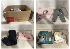 BOX OF ASSORTED KIDS CLOTHING TO INCLUDE NIKE CUFFED JOGGERS PINK/GREY SIZE 12MTHS