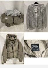 ZARA HOODED PUFFER JACKET KHAKI SIZE EUR-LG TO INCLUDE ZARA COLLARLESS SEQUIN BLAZER SILVER SIZE SM