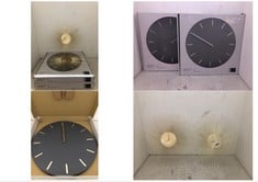 4 X ASSORTED WALL CLOCKS TO INCLUDE JOHN LEWIS ARNE BRASS DIAL WALL CLOCK 45CM DUSTY GREEN PAINTED FINISH