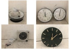 4 X ASSORTED CLOCKS TO INCLUDE JOHN LEWIS MARBLE ANALOGUE MANTEL CLOCK 14CM GREEN/BRASS