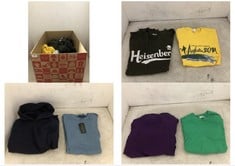 BOX OF APPROX 20 X ASSORTED ADULT CLOTHING TO INCLUDE B&C COLLECTION T-SHIRT KHAKI GREEN WITH WHITE HEISENBERG LOGO SIZE M