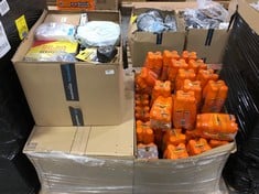 PALLET OF ASSORTED ITEMS / LIQUIDS TO INCLUDE STANLEY FATMAX TAPE MEASURE 8M TO INCLUDE LUCOZADE ENERGY 4 X 380ML ORANGE FLAVOUR (ZONE 2) (COLLECTION ONLY)