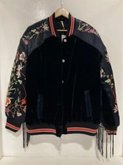 FLORAL EMBROIDERED TASSEL SLEEVED BLACK JACKET IN SIZE L- RRP £253.52