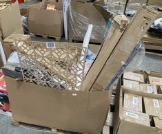 PALLET OF ASSORTED ITEMS TO INCLUDE WOODEN ROCKING STAND WHITE L 700 X 835 MM - W 300 X 370 MM