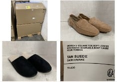 PALLET OF ASSORTED FOOTWEAR TO INCLUDE WOMENS SQUARE TOE SOFT LOAFER SAND SUEDE - SIZE 11