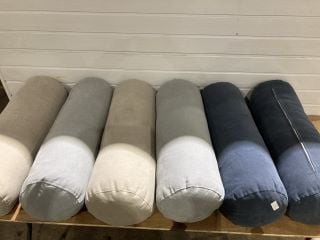 6 X ASSORTED COLOUR BOLSTER CUSHIONS