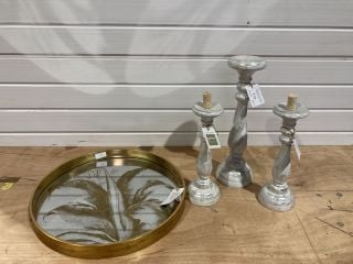 3 X ASSORTED SILVER COLOUR TWIST CANDLE HOLDER TO INCLUDE FEBLAND LARGE CIRCULAR LEAF GOLD FRAME TRAY