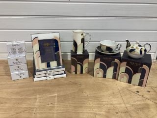 3 X ART DECO PICTURE FRAMES TO INCLUDE 2 X LESSER & PAVEY ART DECO TEA POTS AND BUSY BEE SALT AND PEPPER SHAKERS AND EGG CUPS