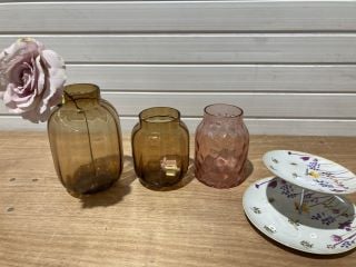 3 X ASSORTED DECEROTIVE VASES TO INCLUDE SPRING TIME TEA STAND