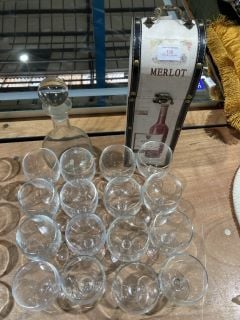 QTY OF WINE GLASSES TO INCLUDE DRINK DECANTER AND FEBLAND WINE BOTTLE CARRIER