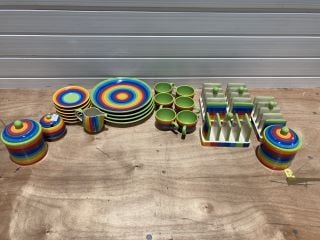 QTY OF SHARED EARTH RAINBOW CROCKERY TO INCLUDE JARS TOAST RACKS AND CUPS