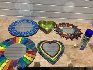 QTY OF ASSORTED MOSAIC MIRRORS TO INCLUDE TILNER ART LIME HEART BOWL