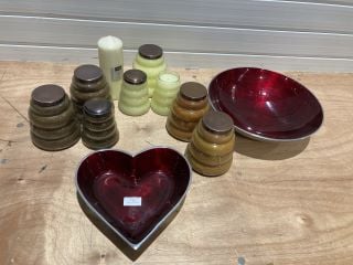 TILNER ART AZETI COLLECTION RED HEART SHAPED BOWL AND DISH TO INCLUDE 9 X ASSORTED CANDLES TO INCLUDE LUXA BEEHIVE CANDLES