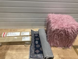 ASSORTMENT OF ITEMS TO INCLUDE PINK FLUFFY CUBE STOOL AND FARAH RUG 180X60CM AND LED STRIP LIGHTS