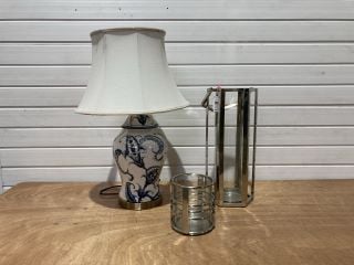 MINSTER WHITE & GOLD CERAMIC LAMP WITH SHADE RRP: £197 TO INCLUDE SILVER HURRICANE LAMP AND SILVER CAND HOLDER