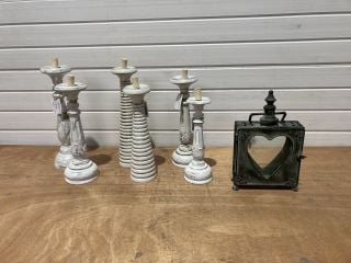 6 X ASSORTED CANDLE STICKS TO INCLUDE 1 X METAL HEART SHAPED CANDLE BOX