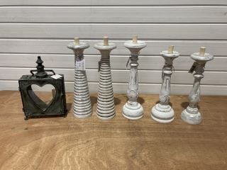 5 X ASSORTED CANDLE STICKS TO INCLUDE 1 X METAL HEART SHAPED CANDLE BOX