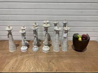 11 X ASSORTED CANDLE STICKS TO INCLUDE FRUIT BOWL WITH ARTIFICAL FRUIT