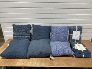 6 X ASSORTED BLUE/NAVY CUSHIONS TO INCLUDE 2 X APPLETREE LOFT WAFFLE THROWS