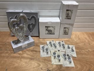 QTY OF ASSORTED LESSER AND PAVEY ORNAMENTS TO INCLUDE SILVER SPARKLE HEARTS WISE MONKEYS AND ELEPHANTS TO INCLUDE 6 X CREATIVE PUSH AND FIC SUCCTION HOOKS