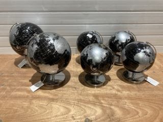 6 X LESSER AND PAVEY SILVER AND BLACK GLOBES (2 X 26CM 4 X 21CM)