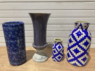 4 X ASSORTED DECEROTIVE VASES WHICH INCLUDE BLUE/WHITE FLORAL VASE AND BLUE SQUARE CHEVRON DESIGN VASES