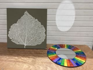 LEAF WALL ART CANVAS TO INCLUDE MULTI COLOUR ROUND MIRROR