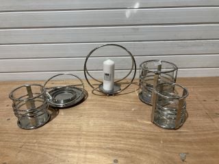 3 X ASSORTED SILVER COLOUR DISK HURRICANE LAMP TO INCLUDE 2 SWIRL CANDLE HURRICANE LAMPS