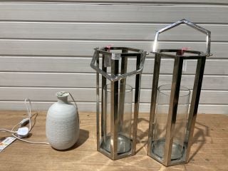 2 X ASSORTED SQUARE SILVER COLOUR HURRICANE LAMPS WHICH INCLUDE WELINK WHITE LONG JAR LAMP