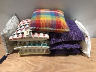 9 X ASSORTED CUSHIONS TO INCLUDE SHARED EARTH RAINBOW AND PURPLE LEATHER RAG CUSHIONS