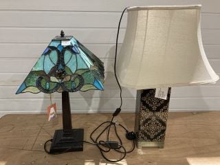 MINISTER GIFTWARE 14" GREEN FLORAL TIFFANY LAMP AND MINISTER GIFTWARE BLACK SQAURE TABLE LAMP W/ WHITE SHADE