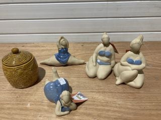 QTY OF ASSORTED DECOROTIVE ITEMS TO INCLUDE 4 X WELINK LADY GLOW SEASIDE STATUES AND LESSER & PAVEY CRACKLE GLAZE BEES JAR