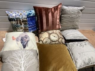 9 X ASSORTED CUSHIONS TO INCLUDE ELMWOOD SILVER CUSHION AND GOOSE CUSHION