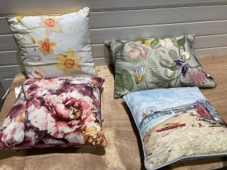 4 X ASSORTED CUSHIONS TO INCLUDE SANDY BAY STYLE CUSHION AND DAFODILS PATTERN CUSHION