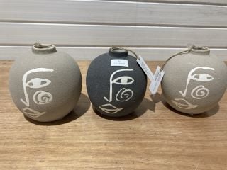 3 X ASSORTED DECEROTIVE CERAMIC STYLIZED FACE VASES SAND/STONE