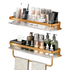 8 X SANTENTRE SHOWER CADDY SHELF BATHROOM SET OF 2, ACRYLIC BATHROOM SHELVES WALL MOUNTED WITH METAL FRAME & TOWEL BAR, NO DRILLING STORAGE SHELVES FOR BATHROOM, LIVING ROOM, KITCHEN (GOLD) - TOTAL R