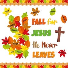 38 X AYUMI 94PCS FALL FOR JESUS HE NEVER LEAVES PAPER CUT OUT SET CHRISTIAN AUTUMN MAPLE LEAVES NAME TAGS FAITH RELIGIOUS BORDER TRIM CUTOUTS SUNDAY CHURCH SCHOOL CLASSROOM BLACKBOARD WALL DOOR DECO: