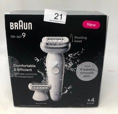 1 X BRAUN SILK-ÉPIL 9, EPILATOR WITH PIVOTING HEAD FOR EASY HAIR REMOVAL, WET & DRY, LASTING SMOOTH SKIN, WITH LADY SHAVER HEAD & TRIMMER COMB, 9-041, WHITE/SILVER.: LOCATION - A RACK