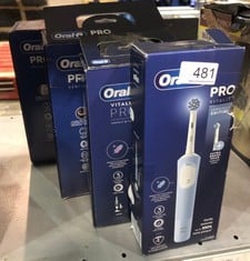 QUANTITY OF ITEMS TO INCLUDE ORAL-B VITALITY PRO ELECTRIC TOOTHBRUSHES ADULTS, 1 HANDLE, 2 TOOTHBRUSH HEADS, 3 BRUSHING MODES INCLUDING SENSITIVE PLUS, 2 PIN UK PLUG, BLUE: LOCATION - SIDE RACKS