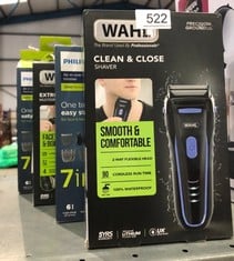 QUANTITY OF ITEMS TO INCLUDE WAHL CLEAN AND CLOSE, MEN’S SHAVER, ELECTRIC SHAVERS FOR MEN, BEARD SHAVING, FACE SHAVER, FLEX FOIL, WATERPROOF, EASY CLEAN, RUBBER GRIP, LED POWER DISPLAY, BLACK AND BLU