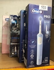 QUANTITY OF HEALTH & BEAUTY ITEMS TO INCLUDE ORAL-B VITALITY PRO ELECTRIC TOOTHBRUSHES ADULTS, 1 HANDLE, 2 TOOTHBRUSH HEADS, 3 BRUSHING MODES INCLUDING SENSITIVE PLUS, 2 PIN UK PLUG, BLUE: LOCATION -