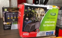 QUANTITY OF OUTDOOR & GARDEN ITEMS TO INCLUDE BLAGDON MINIPOND POND PUMP 900 (TO RUN FOUNTAINS FOR STANDARD PONDS UP TO 2250 LITRE), 3 FOUNTAIN HEADS,BLACK: LOCATION - A