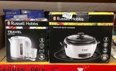 QUANTITY OF KITCHEN & APPLIANCES ITEMS TO INCLUDE RUSSELL HOBBS ELECTRIC 0.85L TRAVEL KETTLE, SMALL & COMPACT, DUAL VOLTAGE, IDEAL FOR ABROAD/CARAVAN/CAMPING, INC 2 CUPS & SPOONS, REMOVABLE WASHABLE