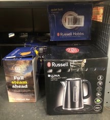 QUANTITY OF KITCHEN & APPLIANCES ITEMS TO INCLUDE RUSSELL HOBBS BRUSHED STAINLESS STEEL ELECTRIC 1.7L CORDLESS KETTLE (QUIET & FAST BOIL 3KW, REMOVABLE WASHABLE ANTI-SCALE FILTER, PUSH BUTTON LID, PE