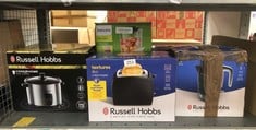 QUANTITY OF KITCHEN & APPLIANCES ITEMS TO INCLUDE RUSSELL HOBBS TEXTURES 2 SLICE TOASTER (EXTRA WIDE SLOTS, 6 BROWNING LEVELS, FROZEN, CANCEL & REHEAT FUNCTION WITH INDICATOR LIGHTS, REMOVABLE CRUMB