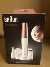 BRAUN FACESPA FACIAL EPILATOR FOR WOMEN, HAIR REMOVAL WITH FACIAL CLEANSING BRUSH HEAD, TONING HEAD & CHARGER STAND, WET & DRY, SE911, WHITE/BRONZE.: LOCATION - C