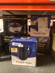 QUANTITY OF KITCHEN & APPLIANCES ITEMS TO INCLUDE RUSSELL HOBBS HONEYCOMB ELECTRIC 1.7L CORDLESS KETTLE (FAST BOIL 3KW, BLACK PREMIUM PLASTIC, MATT & HIGH GLOSS FINISH, REMOVABLE WASHABLE ANTI-SCALE: