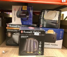 QUANTITY OF KITCHEN & APPLIANCES ITEMS TO INCLUDE RUSSELL HOBBS GROOVE ELECTRIC 1.7L CORDLESS KETTLE (FAST BOIL 3KW, GREY TEXTURED PLASTIC WITH BRUSHED GOLD ACCENTS, REMOVABLE WASHABLE ANTI-SCALE FIL